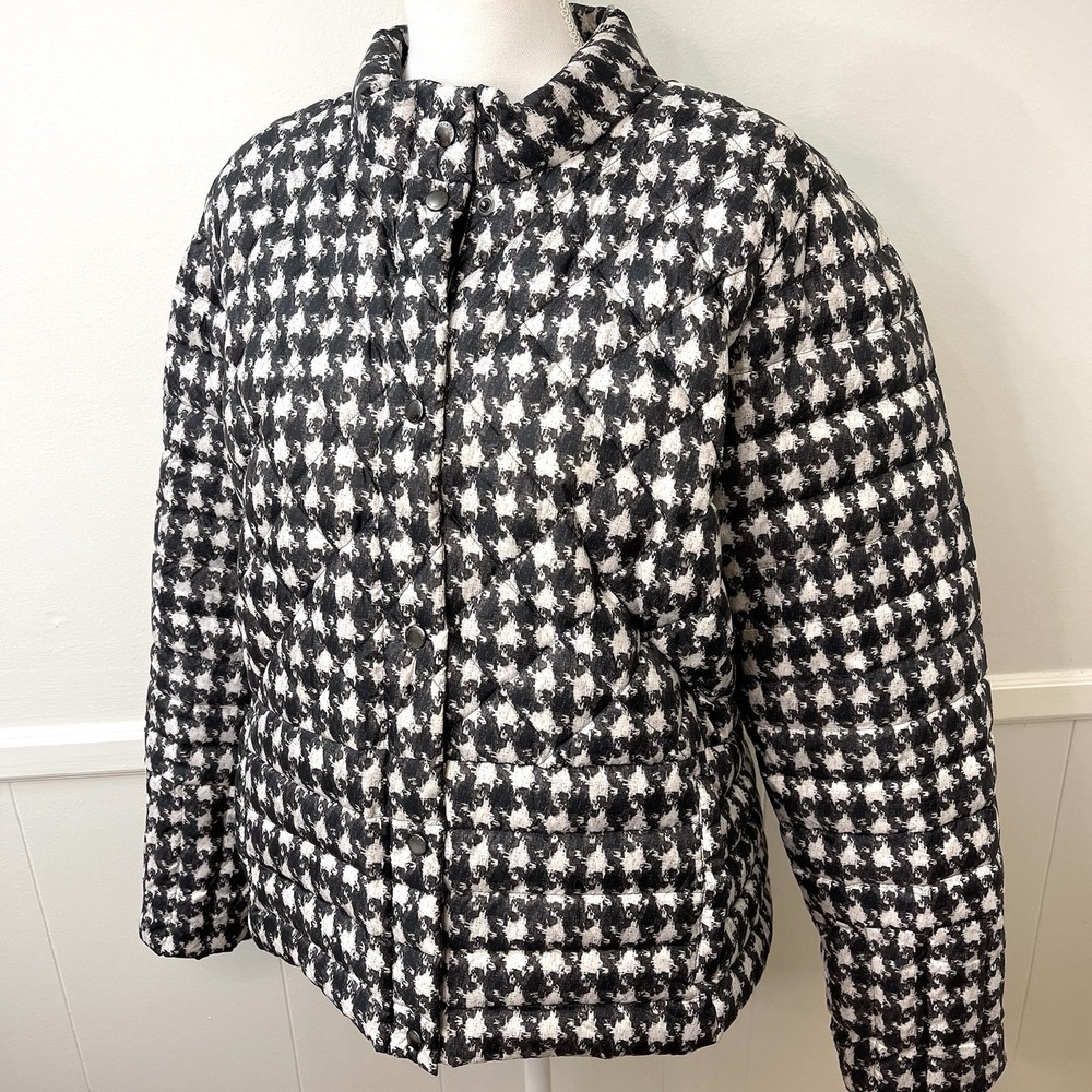 Lands End Women's Houndstooth Print Puffer Coat Jacket Black White Large